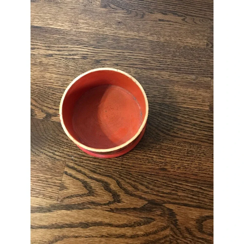 vtg 70s‎ boho wooden jewelry bowl hand painted orange floral home decor gift